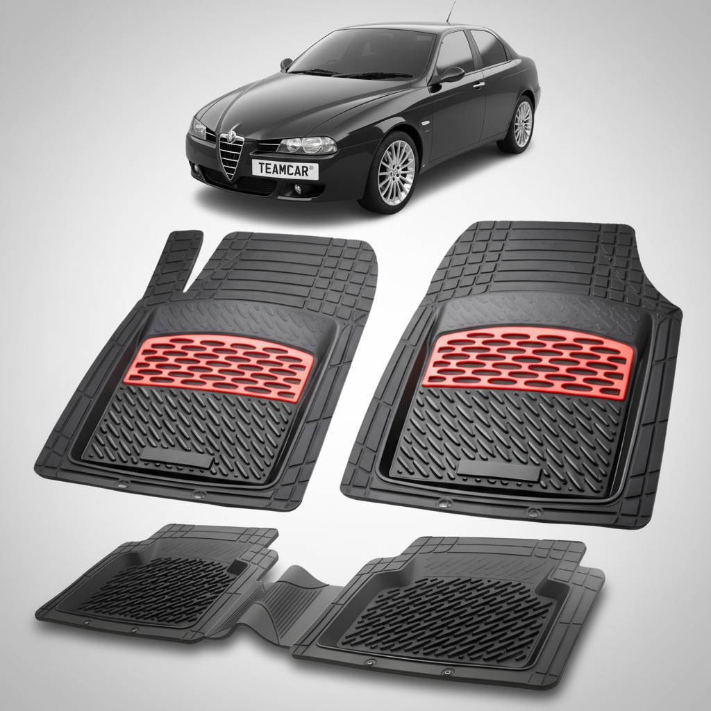 set de covorase din cauciuc negre cu accente rosii cu o alfa romeo 156 sedan negru in fundal