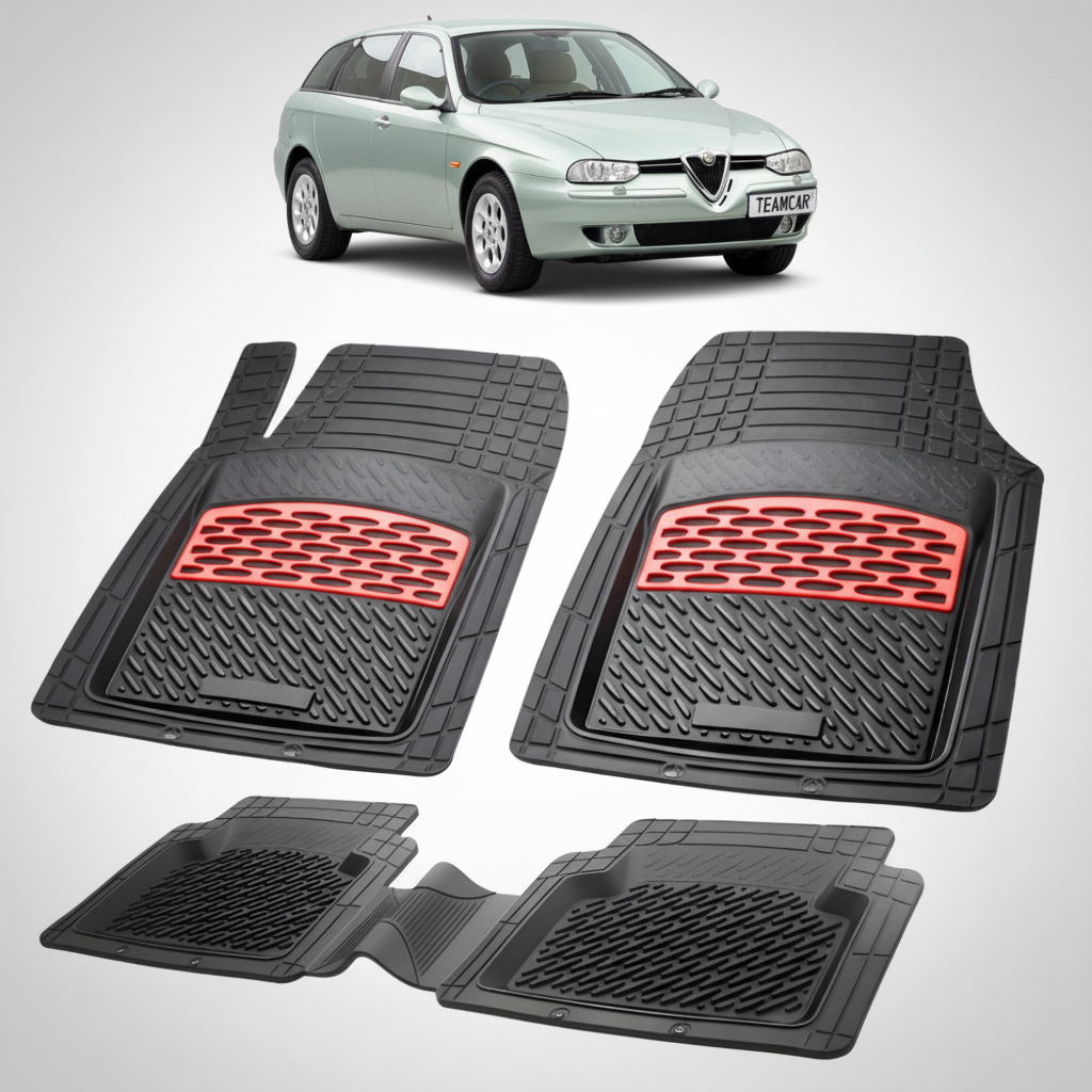 set de covorase din cauciuc negre cu accente rosii cu o alfa romeo 156 sportwagon gri in fundal