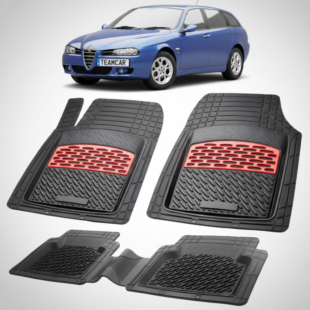 set de covorase din cauciuc negre cu accente rosii cu o alfa romeo 156 sportwagon albastra in fundal