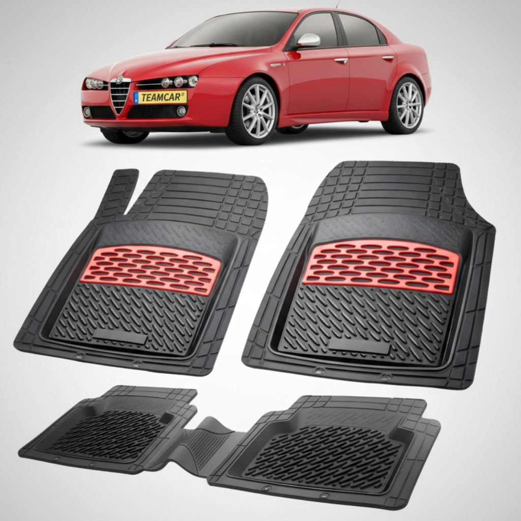 set de covorase din cauciuc negre cu accente rosii cu o alfa romeo 159 rosie in fundal