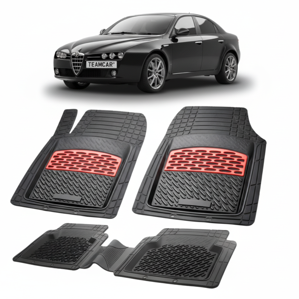 set de covorase din cauciuc negre cu accente rosii cu o alfa romeo 159 sedan neagra in fundal