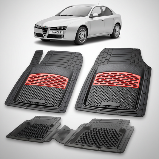 set de covorase din cauciuc negre cu accente rosii cu o alfa romeo 159 sedan argintie in fundal