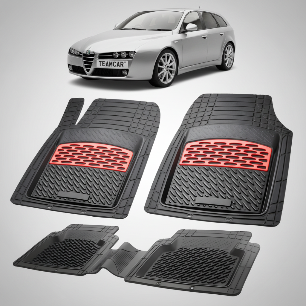set de covorase din cauciuc negre cu accente rosii cu o alfa romeo 159 sportwagon argintie in fundal