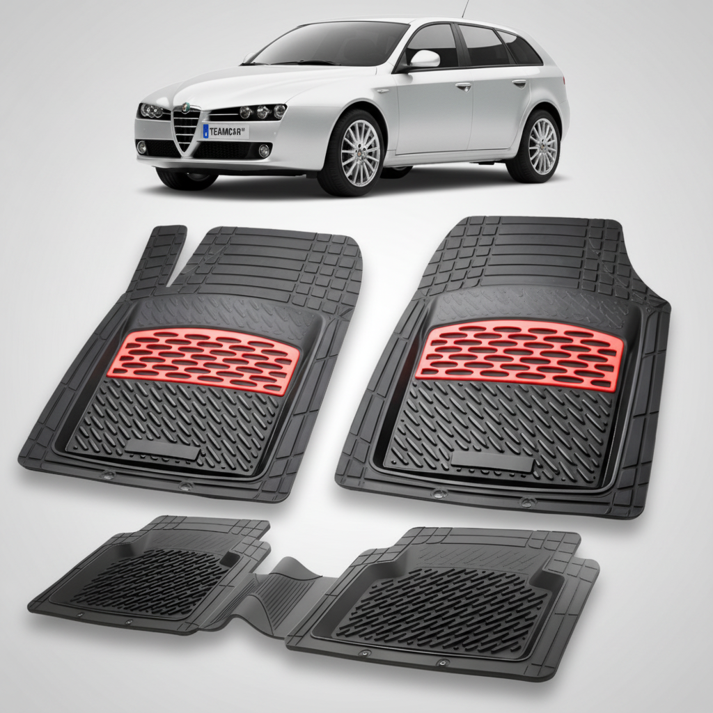 set de covorase din cauciuc negre cu accente rosii cu o alfa romeo 159 sportwagon argintie in fundal