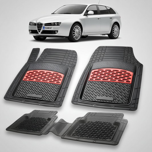 set de covorase din cauciuc negre cu accente rosii cu o alfa romeo 159 sportwagon argintie in fundal