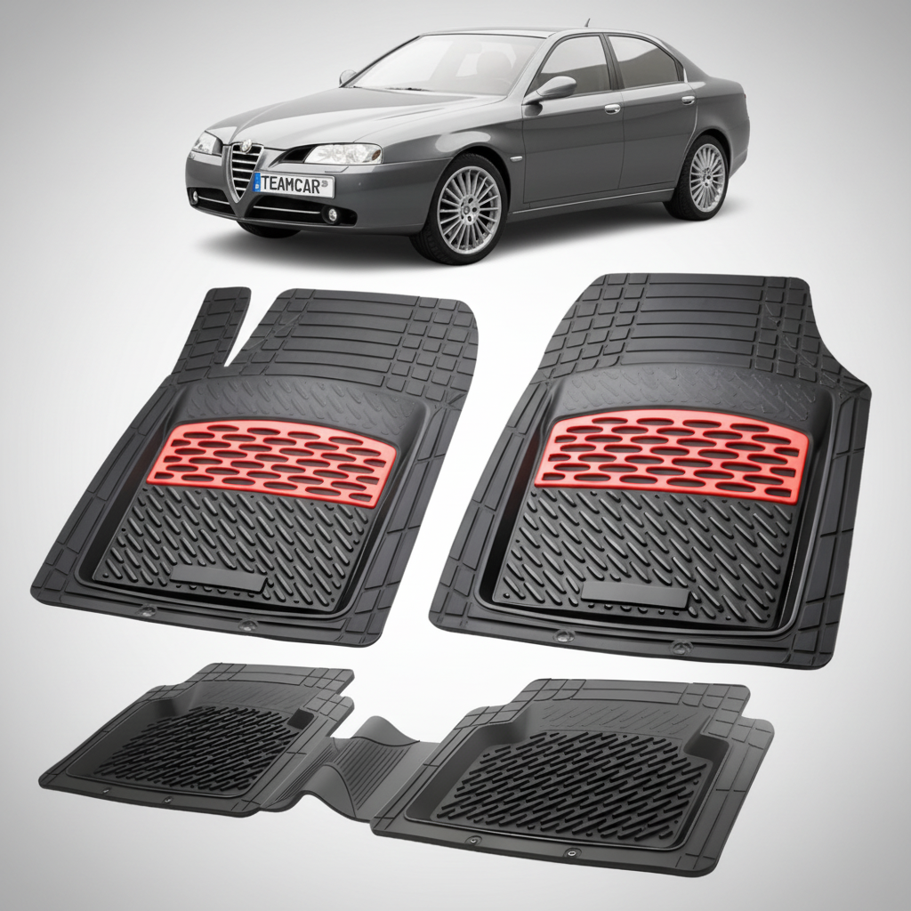 set de covorase din cauciuc negre cu accente rosii cu o alfa romeo 166 sedan gri in fundal