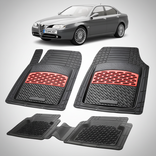 set de covorase din cauciuc negre cu accente rosii cu o alfa romeo 166 sedan gri in fundal