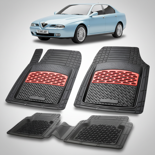 set de covorase din cauciuc negre cu accente rosii cu o alfa romeo 166 sedan albastru deschis in fundal