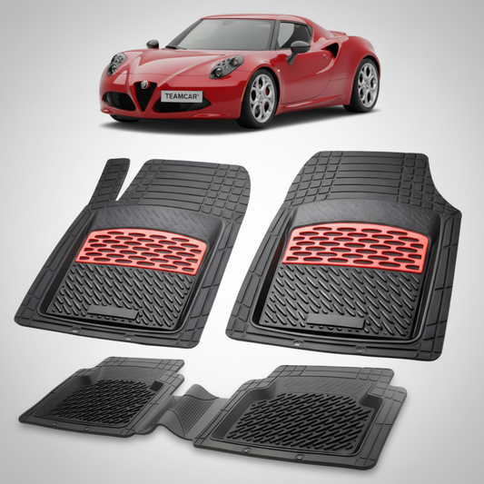 set de covorase din cauciuc negre cu accente rosii cu o alfa romeo 4c coupe rosu in fundal