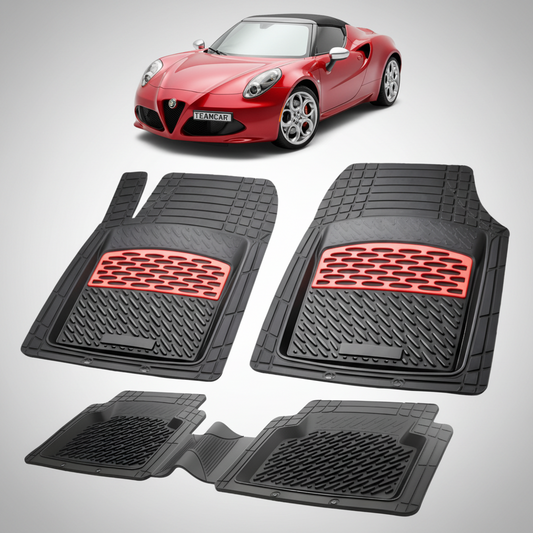 set de covorase din cauciuc negre cu accente rosii cu o alfa romeo 4c spider rosu in fundal