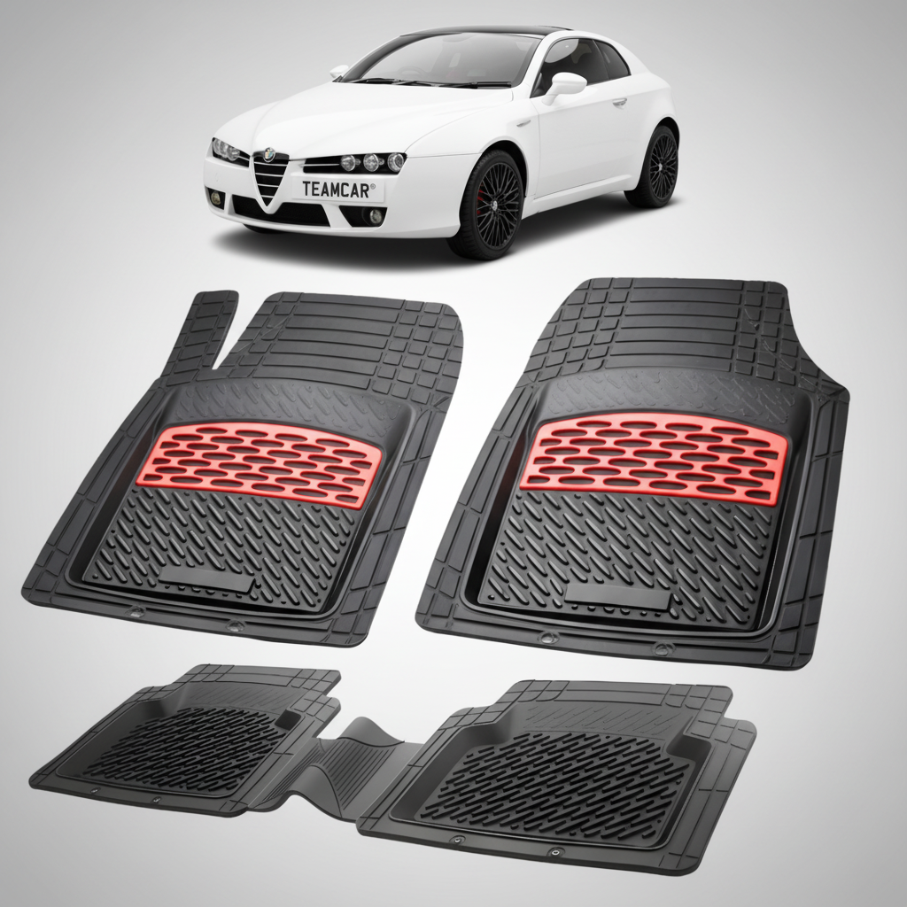 fekete gumiszőnyegek piros díszítéssel, a háttérben egy fehér Alfa Romeo Brera kupéval