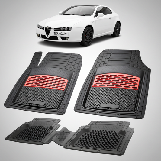 set de covorase din cauciuc negre cu accente rosii cu o alfa romeo brera coupe alba in fundal