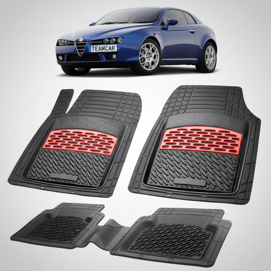 set de covorase din cauciuc negre cu accente rosii cu o alfa romeo brera albastra in fundal