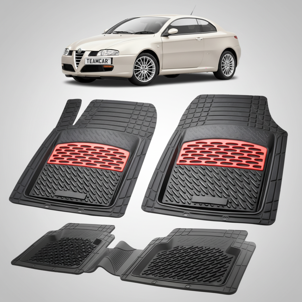 set de covorase din cauciuc negre cu accente rosii cu o alfa romeo gt coupe bej in fundal