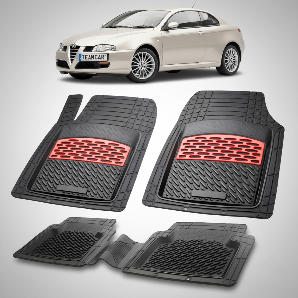 set de covorase din cauciuc negre cu accente rosii cu o alfa romeo gt bej in fundal