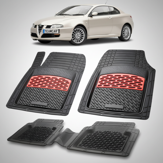 set de covorase din cauciuc negre cu accente rosii cu o alfa romeo gt bej in fundal