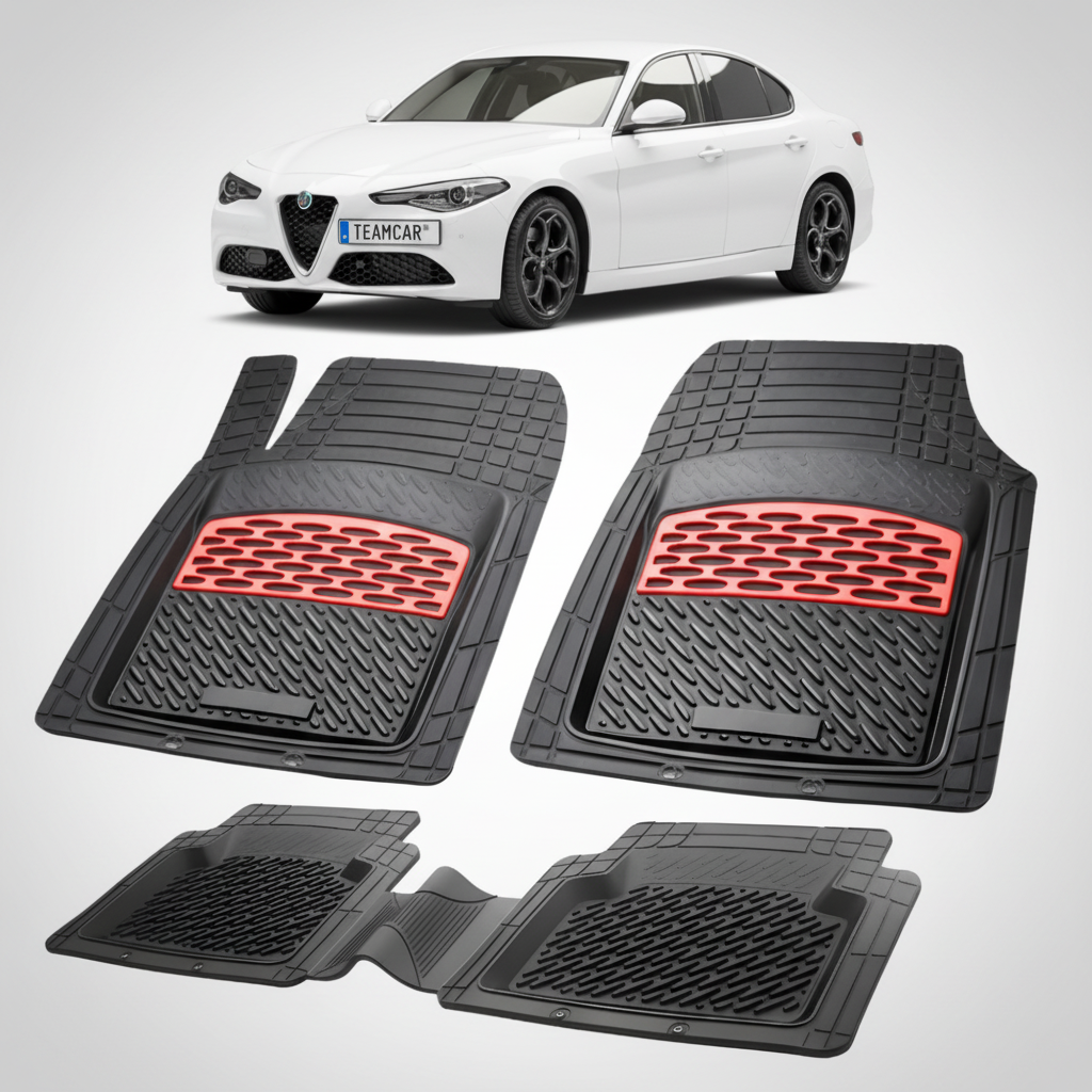 set de covorase din cauciuc negre cu accente rosii cu o alfa romeo giulia alba in fundal