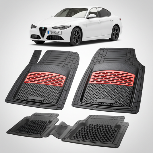 set de covorase din cauciuc negre cu accente rosii cu o alfa romeo giulia alba in fundal
