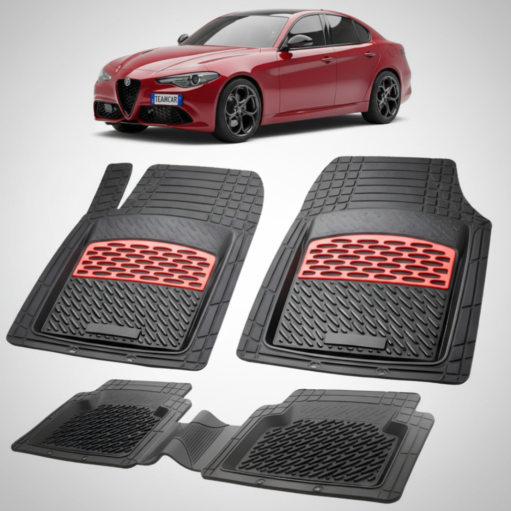 set de covorase din cauciuc negre cu accente rosii cu o alfa romeo giulia sedan rosie in fundal