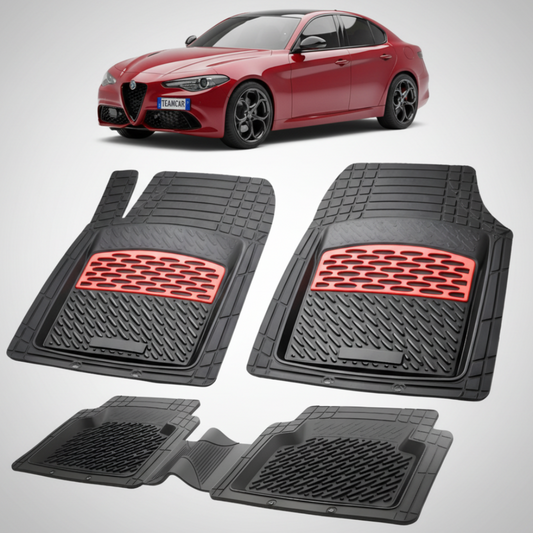 set de covorase din cauciuc negre cu accente rosii cu o alfa romeo giulia sedan rosie in fundal