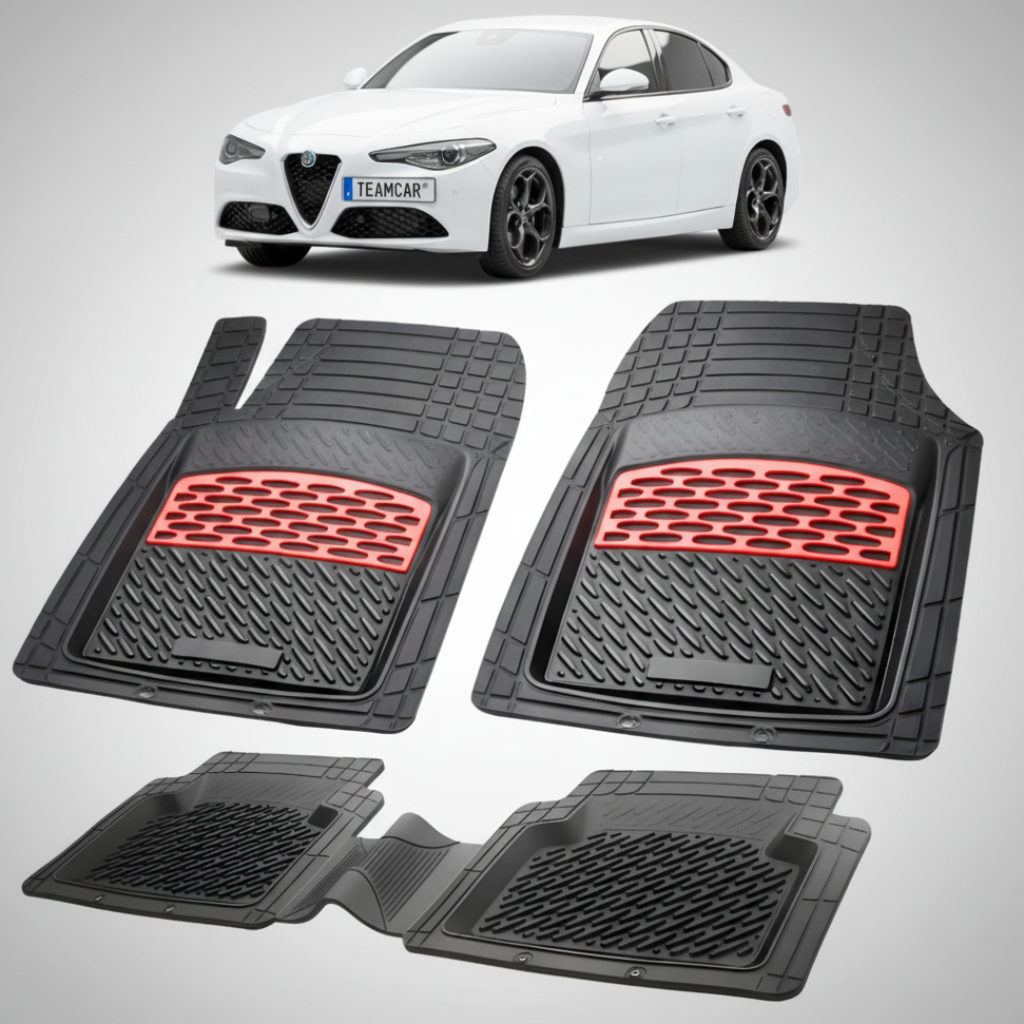 set de covorase din cauciuc negre cu accente rosii cu o alfa romeo giulia sedan alba in fundal