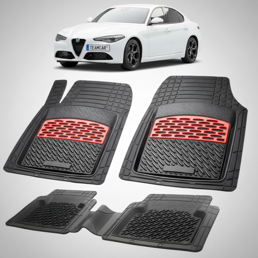 set de covorase din cauciuc negre cu accente rosii cu o alfa romeo giulia sedan alba in fundal
