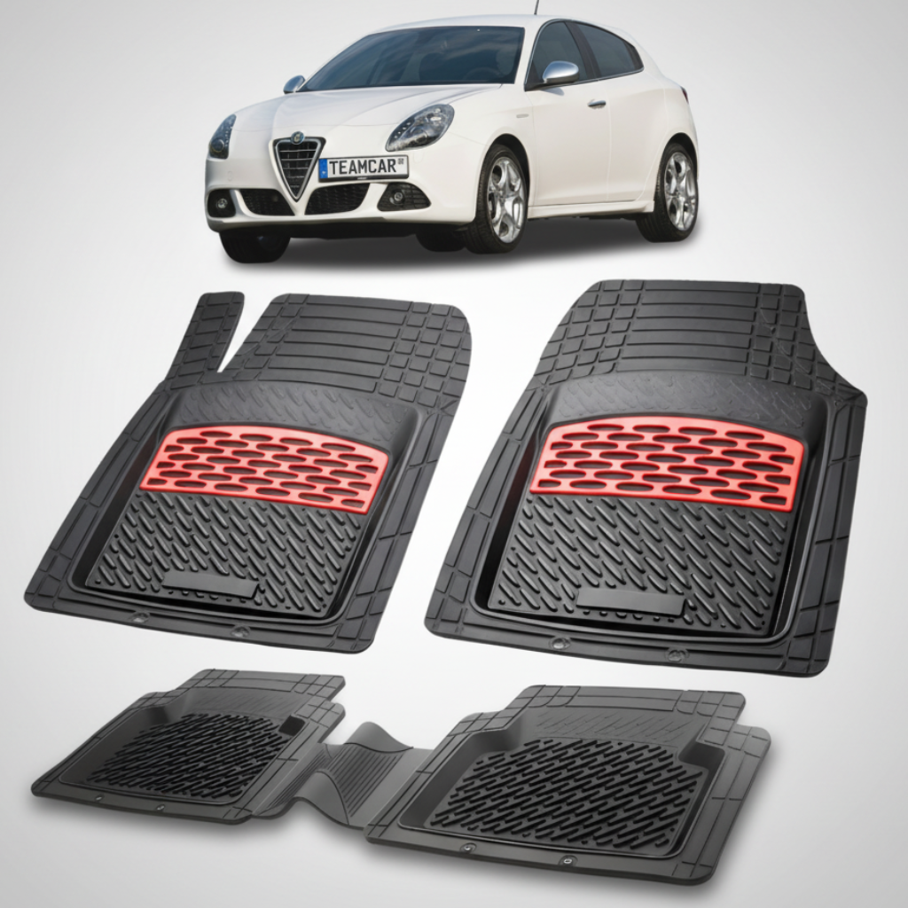 set de covorase din cauciuc negre cu accente rosii cu o alfa romeo giulietta alba in fundal
