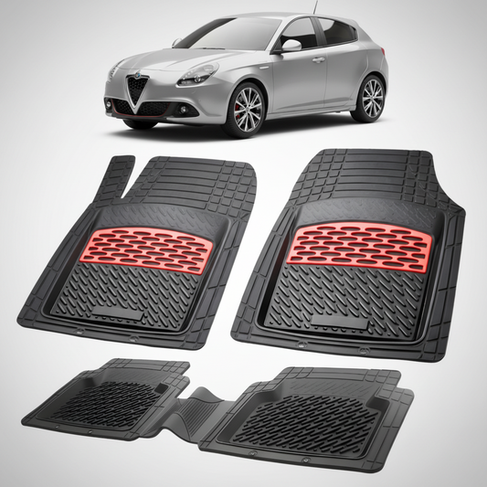 set de covorase din cauciuc negre cu accente rosii cu o alfa romeo giulietta hatchback gri in fundal