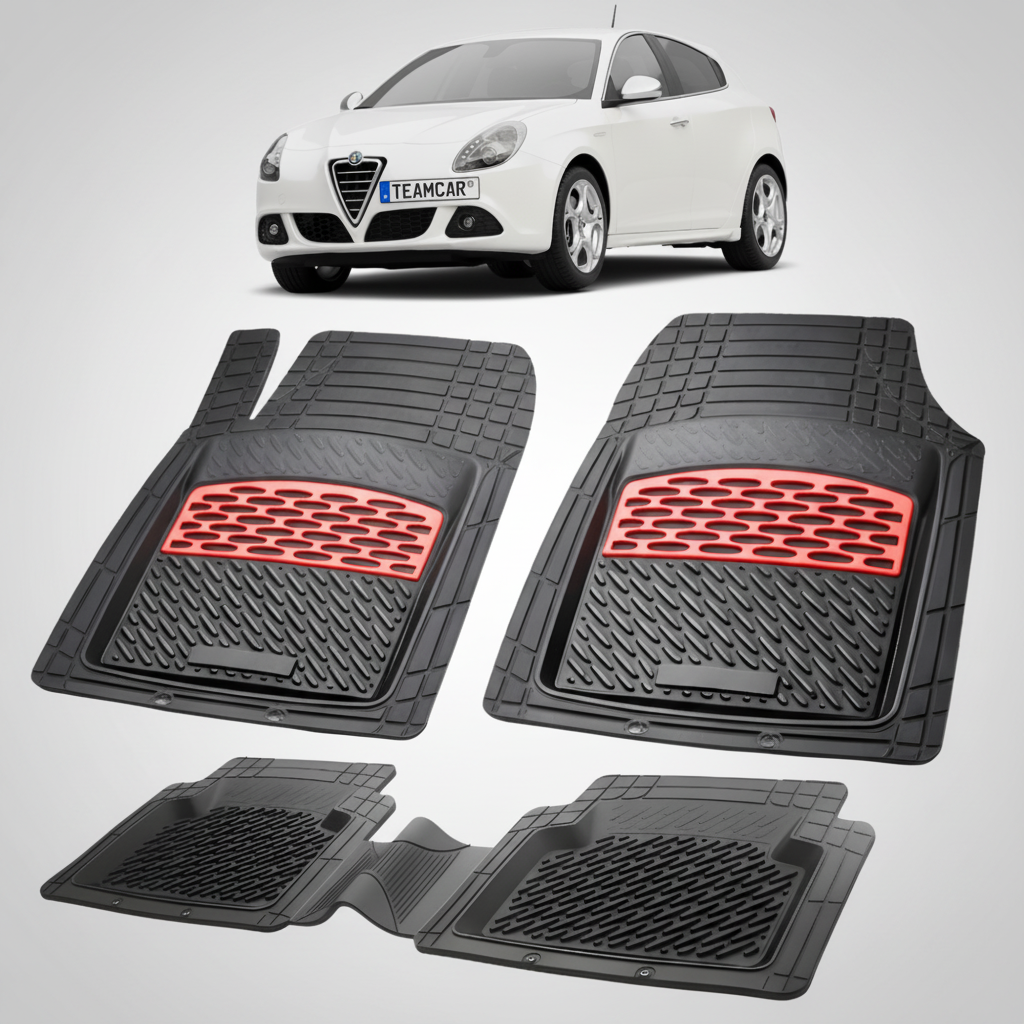 Fekete gumiszőnyegek piros díszítéssel, a háttérben egy fehér Alfa Romeo Giulietta ferdehátúval