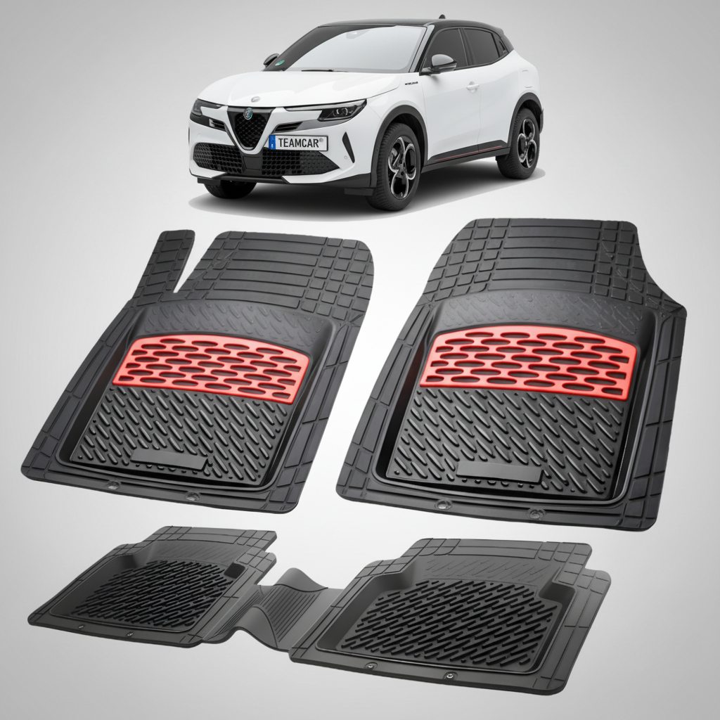 set de covorase din cauciuc negre cu accente rosii cu o alfa romeo junior suv alb in fundal