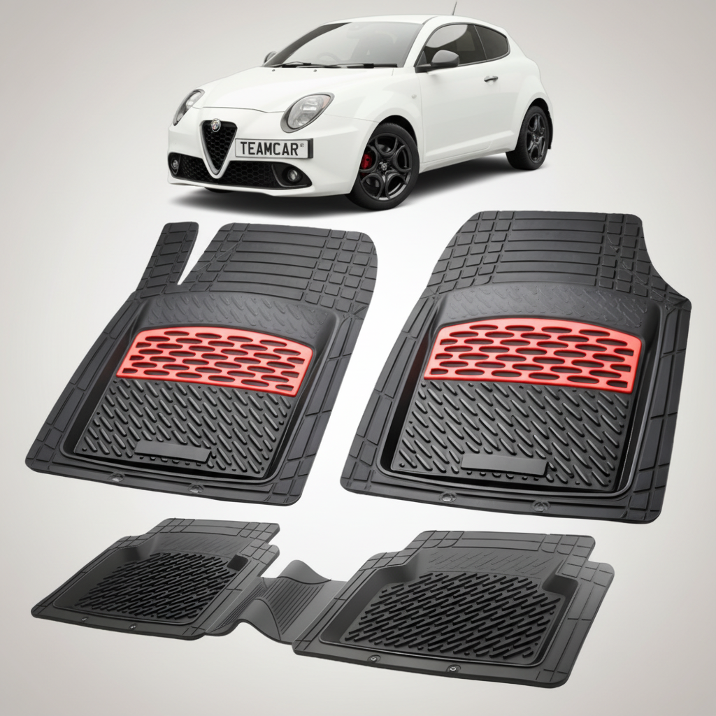 set de covorase din cauciuc negre cu accente rosii cu o alfa romeo mito hatchback alba in fundal