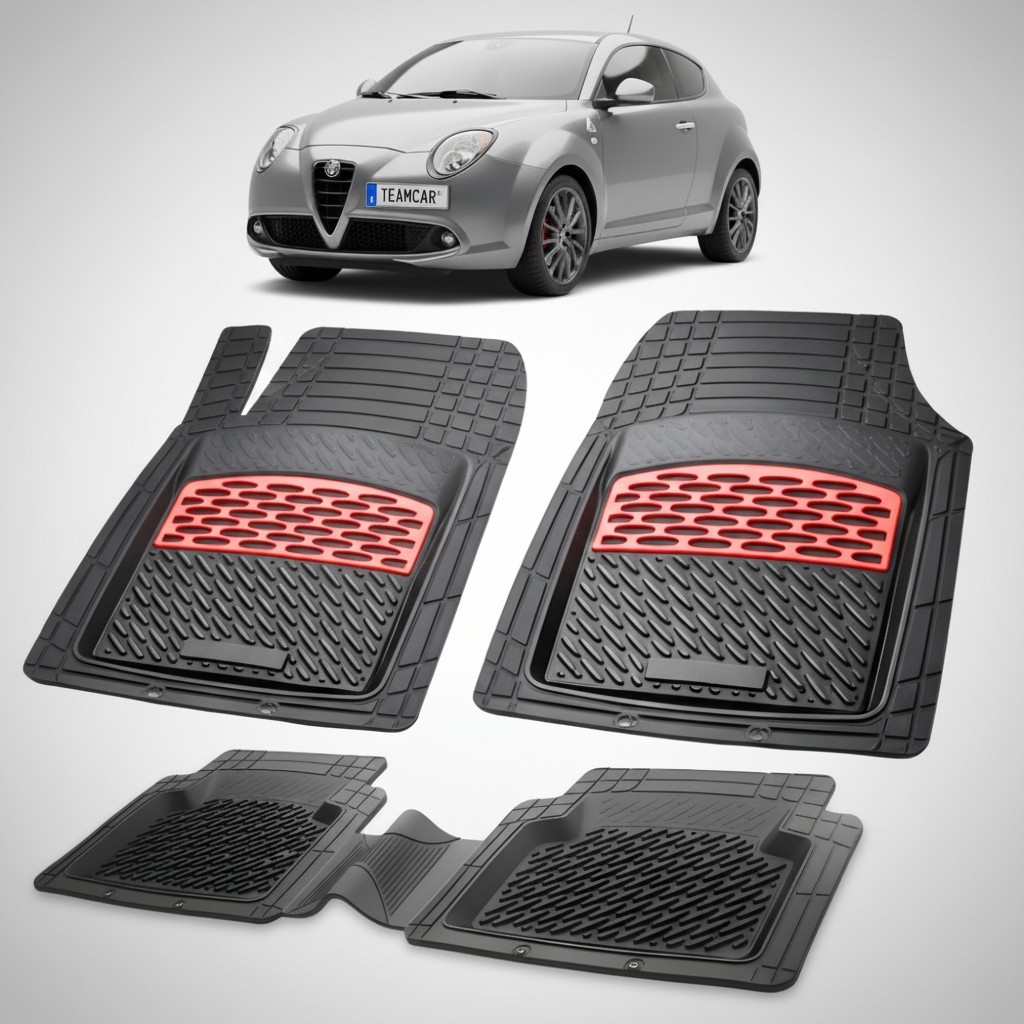 set de covorase din cauciuc negre cu accente rosii cu o alfa romeo mito hatchback gri in fundal
