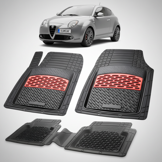 set de covorase din cauciuc negre cu accente rosii cu o alfa romeo mito hatchback gri in fundal
