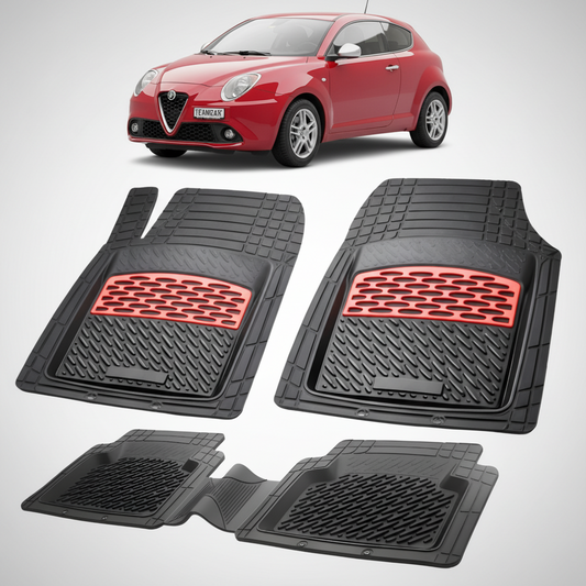 set de covorase din cauciuc negre cu accente rosii cu o alfa romeo mito hatchback rosu in fundal