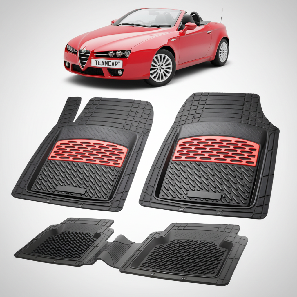 set de covorase din cauciuc negre cu accente rosii cu o alfa romeo spider cabrio rosie in fundal