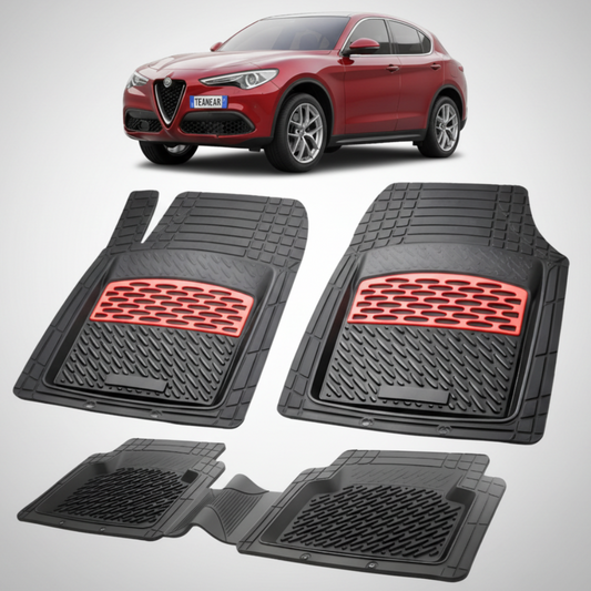 set de covorase din cauciuc negre cu accente rosii cu o alfa romeo stelvio rosie in fundal