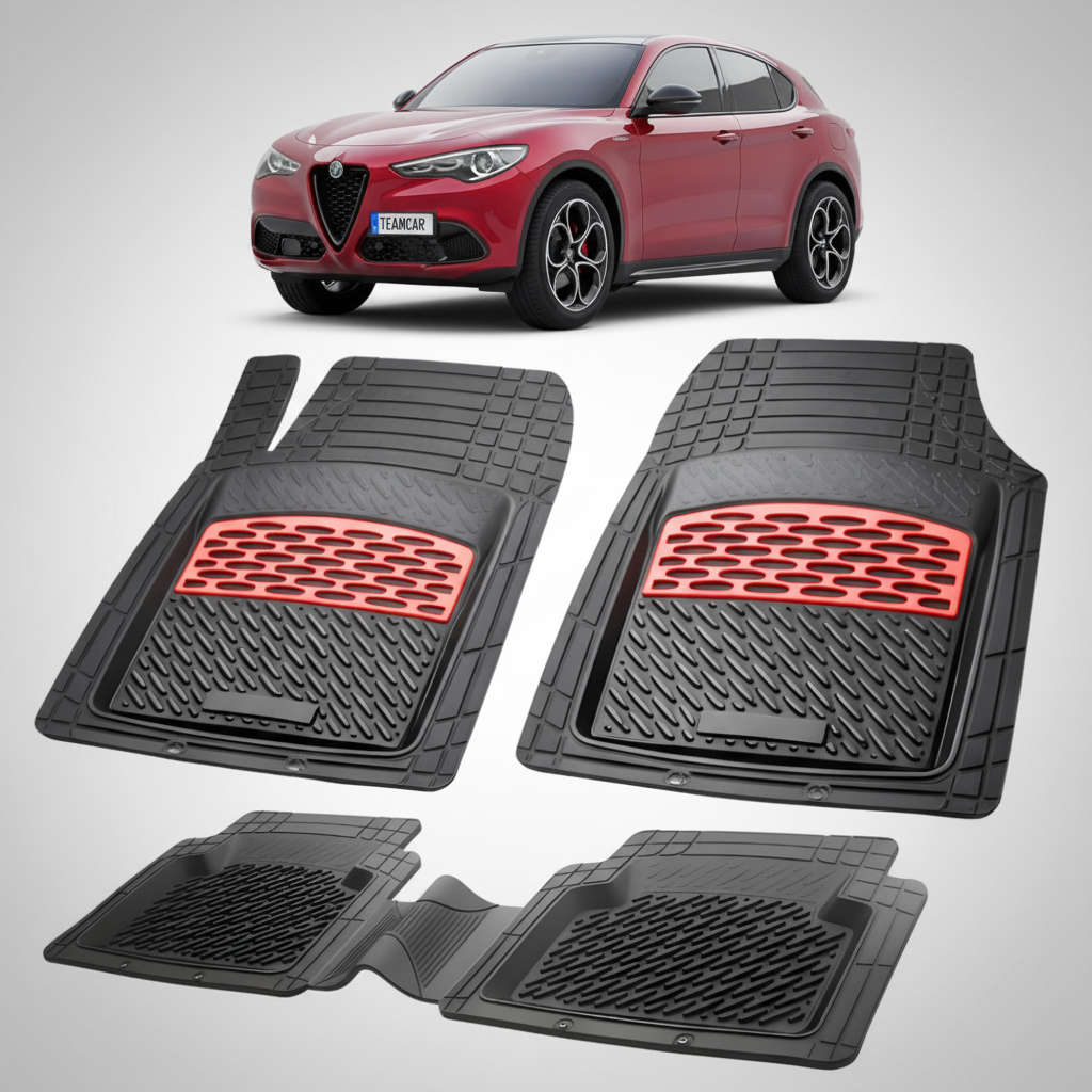 set de covorase din cauciuc negre cu accente rosii cu o alfa romeo giulia stelvio suv in fundal