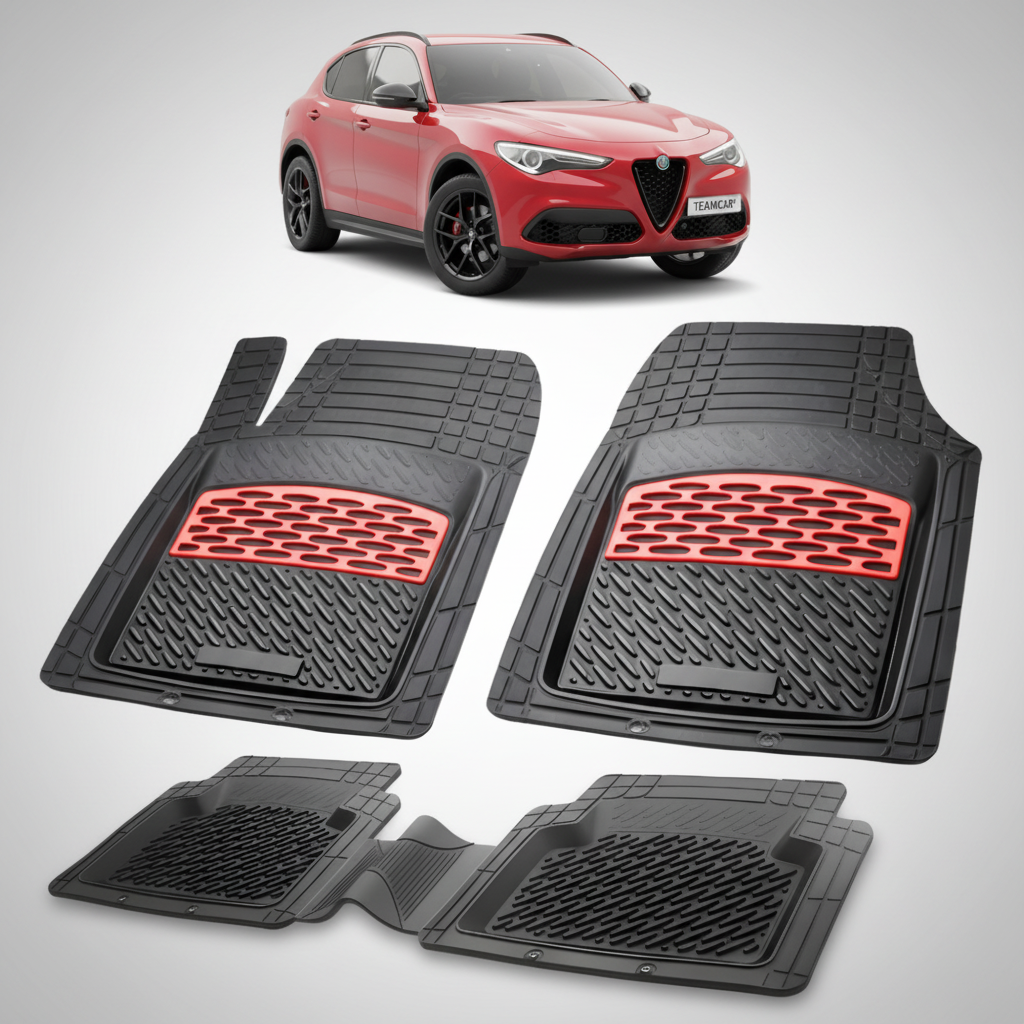 set de covorase din cauciuc negre cu accente rosii cu o alfa romeo giulia stelvio suv in fundal