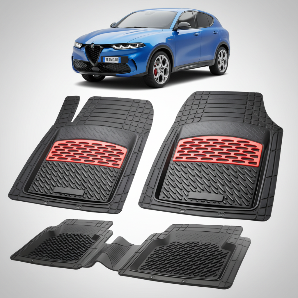 fekete gumiszőnyegek piros díszítéssel, háttérben egy kék Alfa Romeo tónusú SUV-val