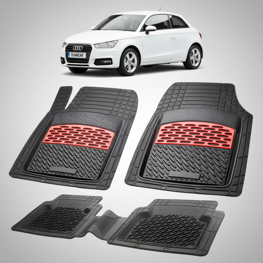 set de covorase din cauciuc negre cu accente rosii cu un audi a1 8x hatchback  3 usi alb in fundal