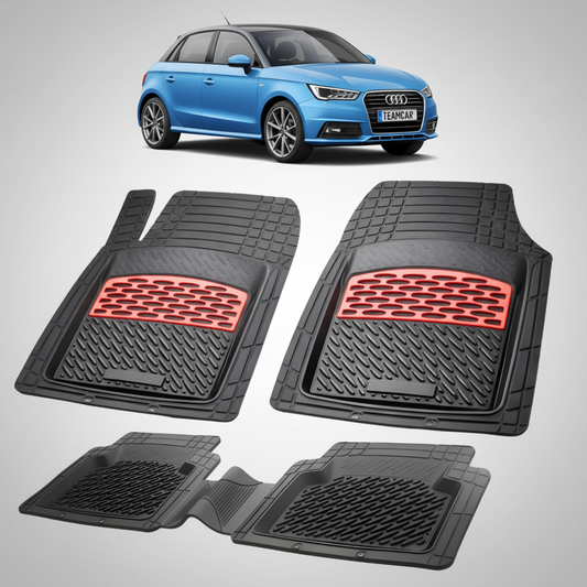 set de covorase din cauciuc negre cu accente rosii cu un audi a1 8x hatchback  5 usi albastru in fundal