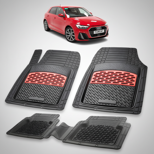 set de covorase din cauciuc negre cu accente rosii cu un audi a1 gb hatchback  5 usi rosu in fundal