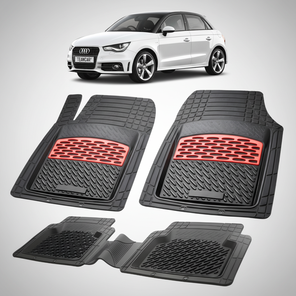 set de covorase din cauciuc negre cu accente rosii cu un audi a1 alb in fundal