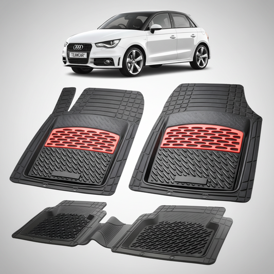 set de covorase din cauciuc negre cu accente rosii cu un audi a1 alb in fundal