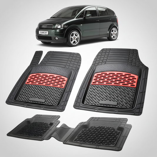 set de covorase din cauciuc negre cu accente rosii cu un audi a2 negru in fundal