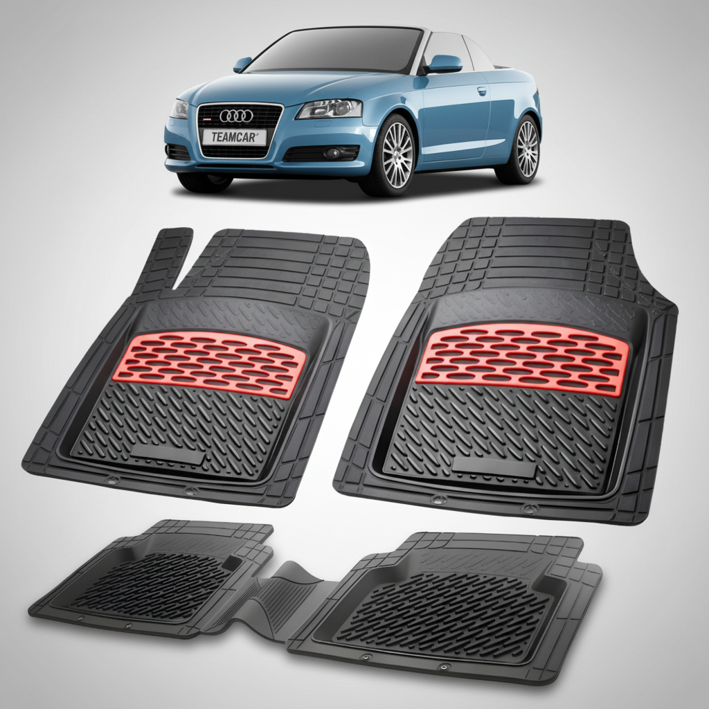 set de covorase din cauciuc negre cu accente rosii cu un audi a3 8p cabriolet albastru in fundal