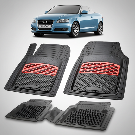 set de covorase din cauciuc negre cu accente rosii cu un audi a3 8p cabriolet albastru in fundal