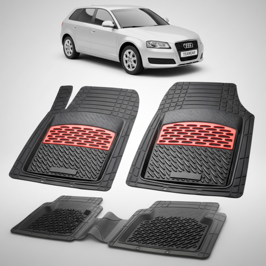 set de covorase din cauciuc negre cu accente rosii cu un audi a3 hatchback 5 usi argintiu in fundal