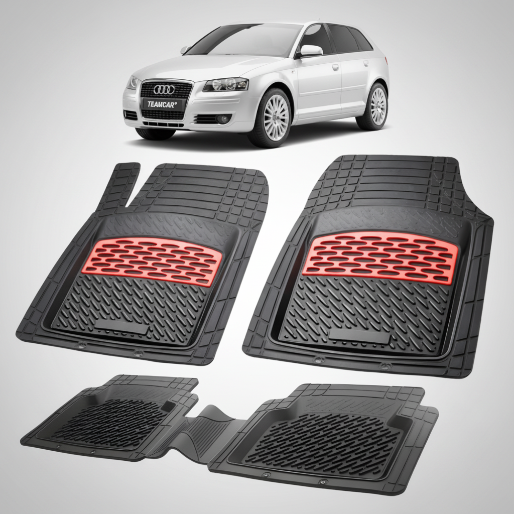 set de covorase din cauciuc negre cu accente rosii cu un audi a3 8p argintiu in fundal