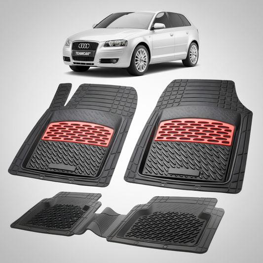 set de covorase din cauciuc negre cu accente rosii cu un audi a3 8p argintiu in fundal